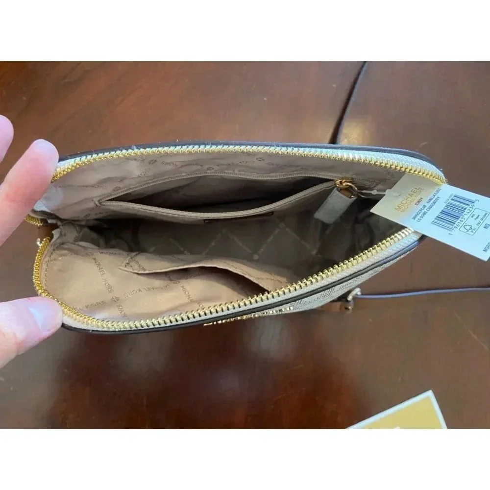Michael Kors Dome Crossbody Bag Signature Logo Brown Leather Strap Gold Details